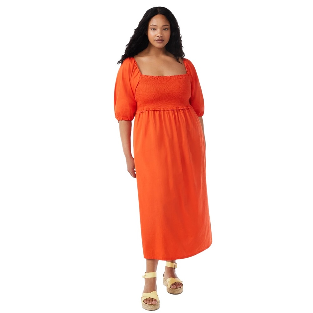 Orange Maxi‎ Dress elastic bust square neckline cotton long